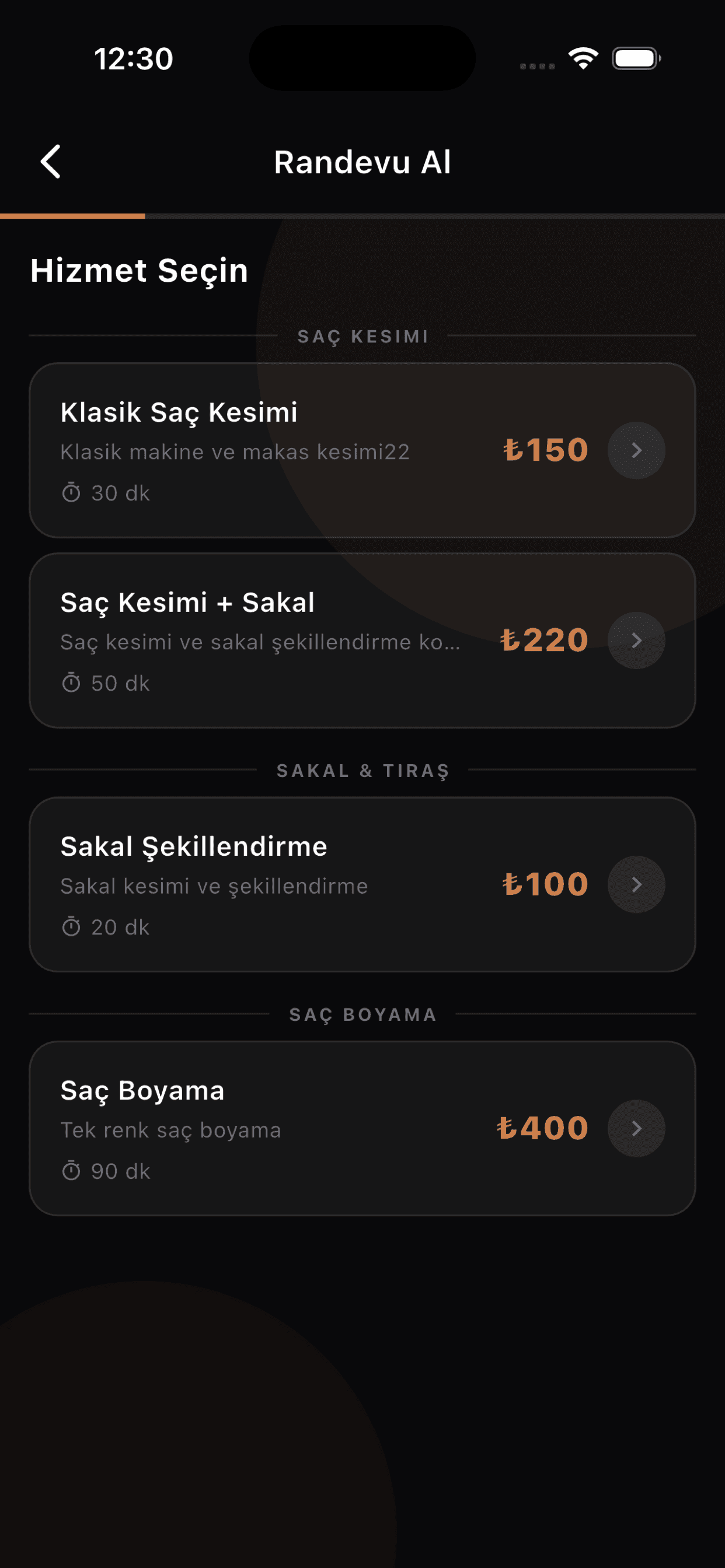 Hizmet seçimi ekranı