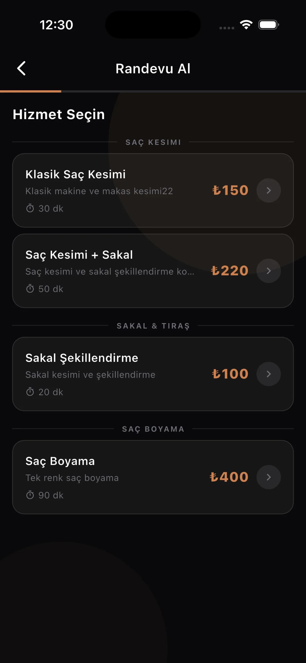 Hizmet seçimi ekranı